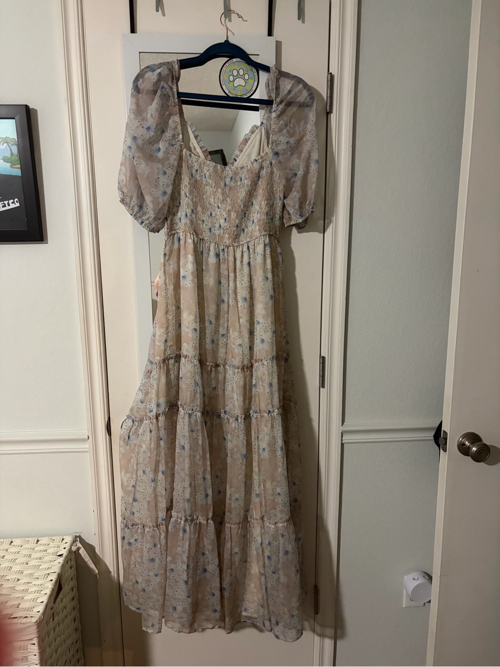 Boho Floral Puff-Sleeve Maxi Dress in Beige and Light Blue - Picture 3 of 3